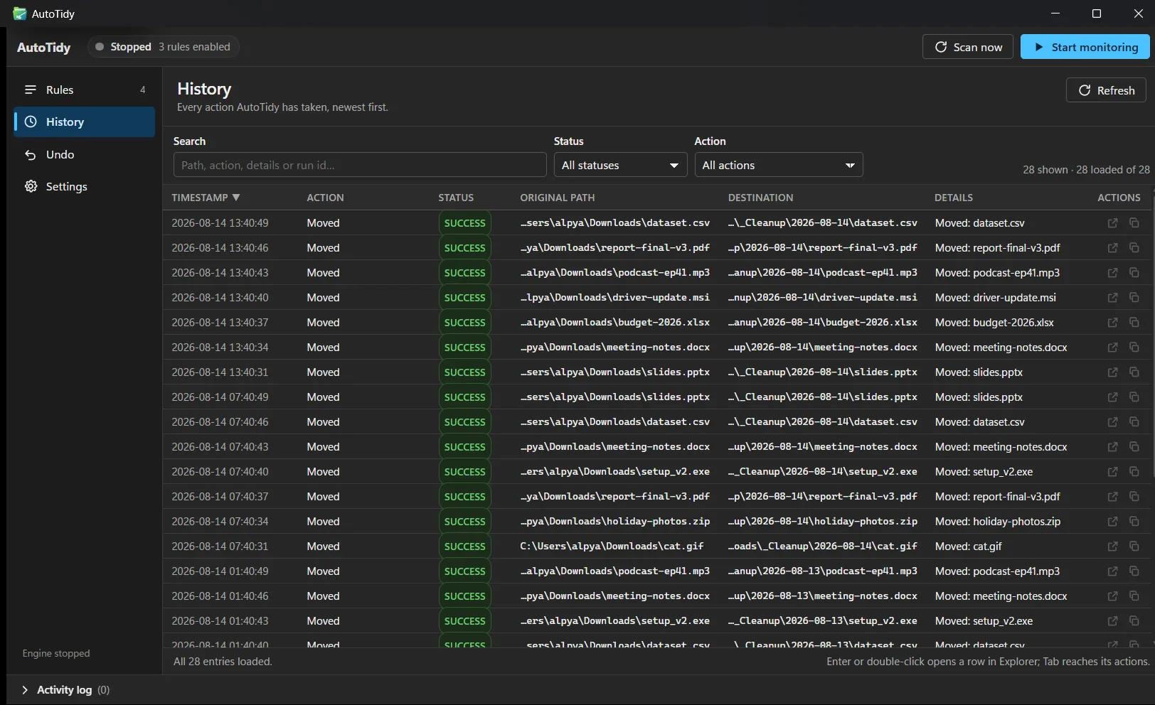 AutoTidy's history view listing every action newest first, each row showing timestamp, action, success status, original path and destination