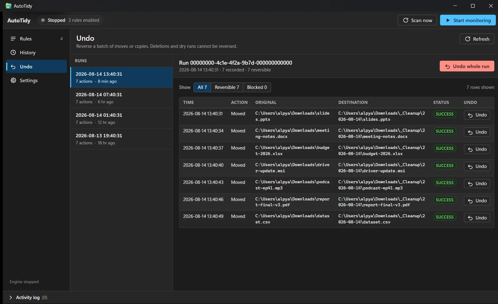 AutoTidy's undo view showing a run of 7 recorded, 7 reversible actions with an Undo whole run button and per-file Undo buttons