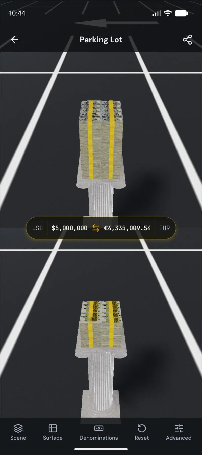 The same compare mode running natively on Android: $5,000,000 against its euro equivalent on live rates, dollar and euro notes rendered with their own dimensions