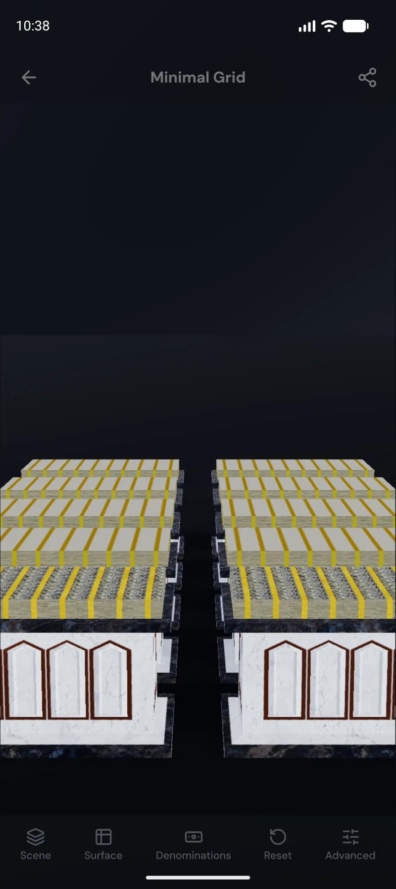 $500,000,000 rendered as bricked pallets on the Minimal Grid, the fallback the app locks to for very large amounts
