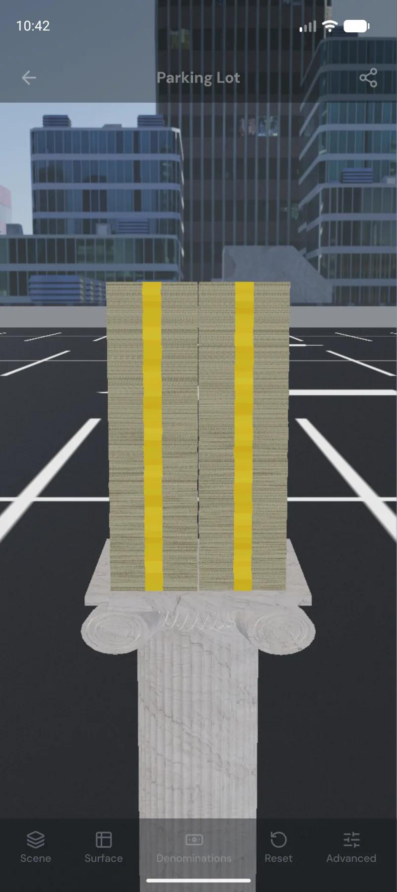 $5,000,000 in strapped bills on a pedestal in the Parking Lot environment, city skyline behind it — the same scene the website renders, drawn on a phone GPU