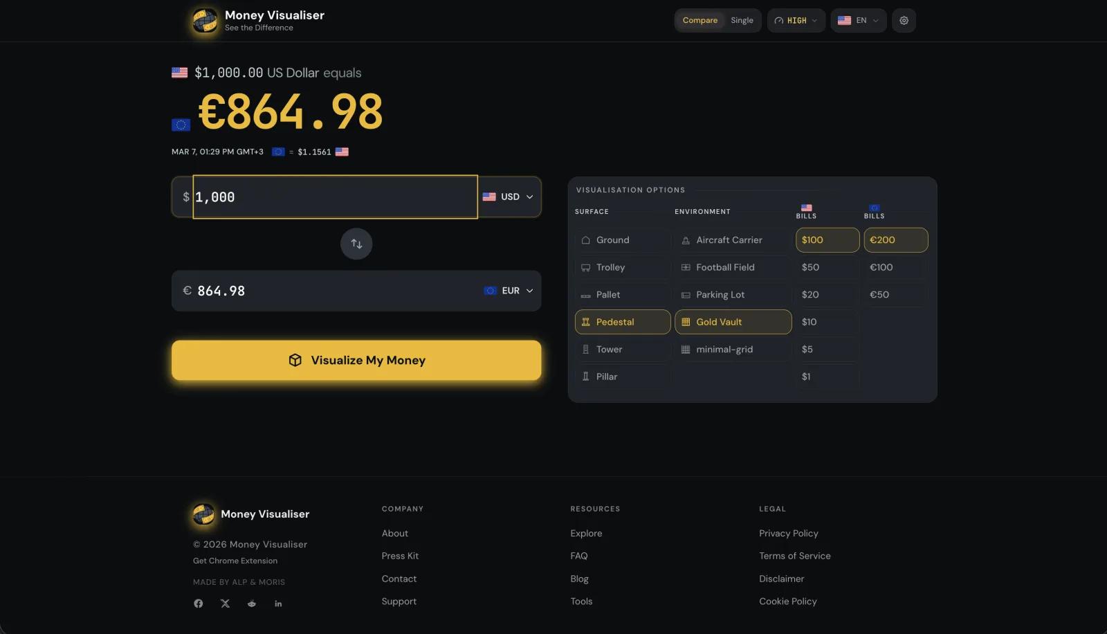 The web app's input screen: amount, currency pair, and the visualisation panel with surfaces, environments and per-currency denominations