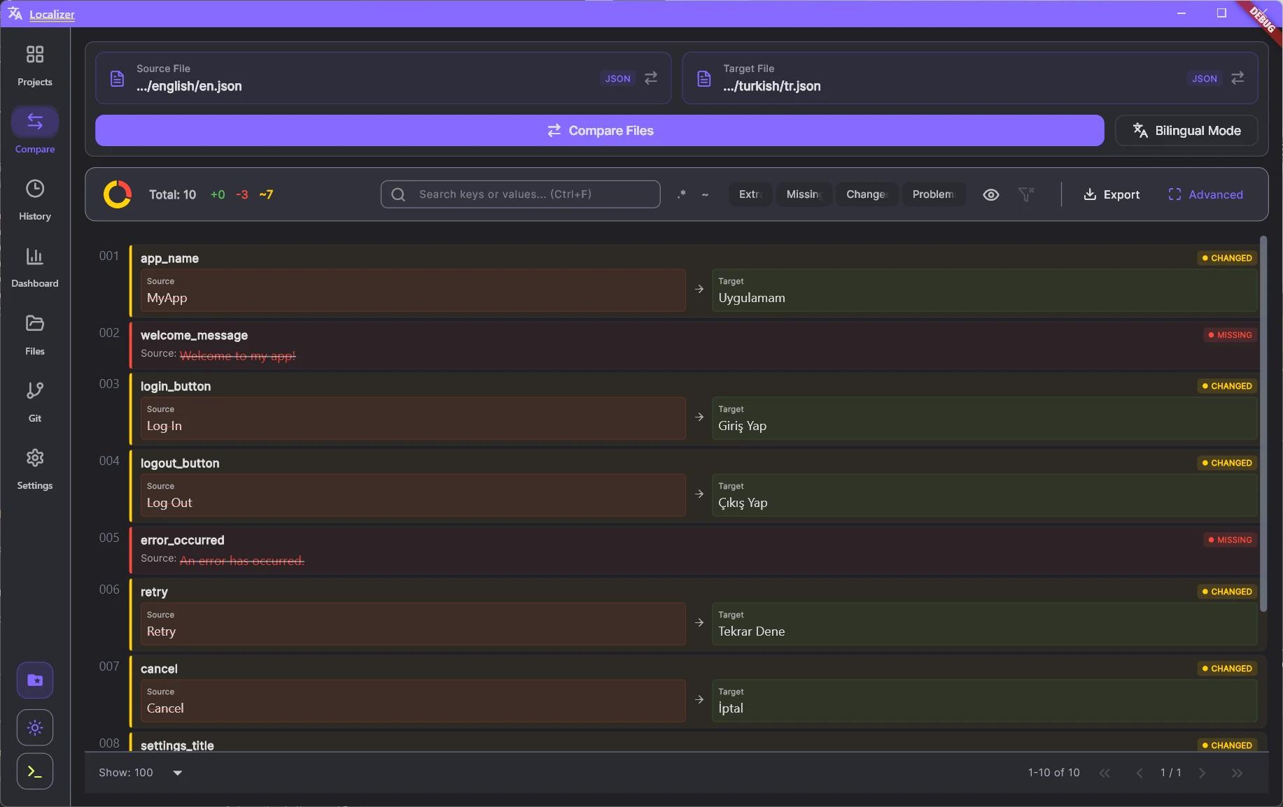 Localization Comparison Tool — product screen